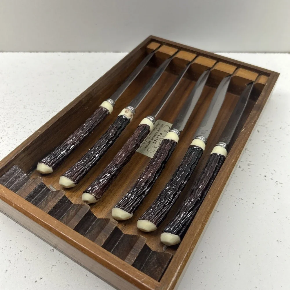 Flint Hollow Ground Cutlery Faux Antler Handle Steak Knives Set of 6